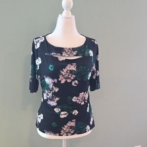 Carmen Marc Valvo Black Fitted Cut Out Blouse Floral Size Large